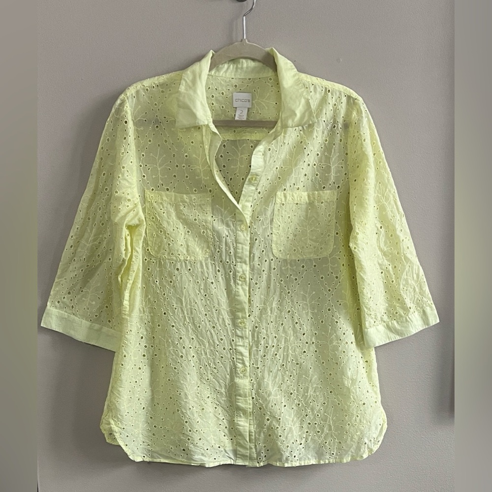 Chicos yellow eyelet 3/4 sleeve button down shirt size large